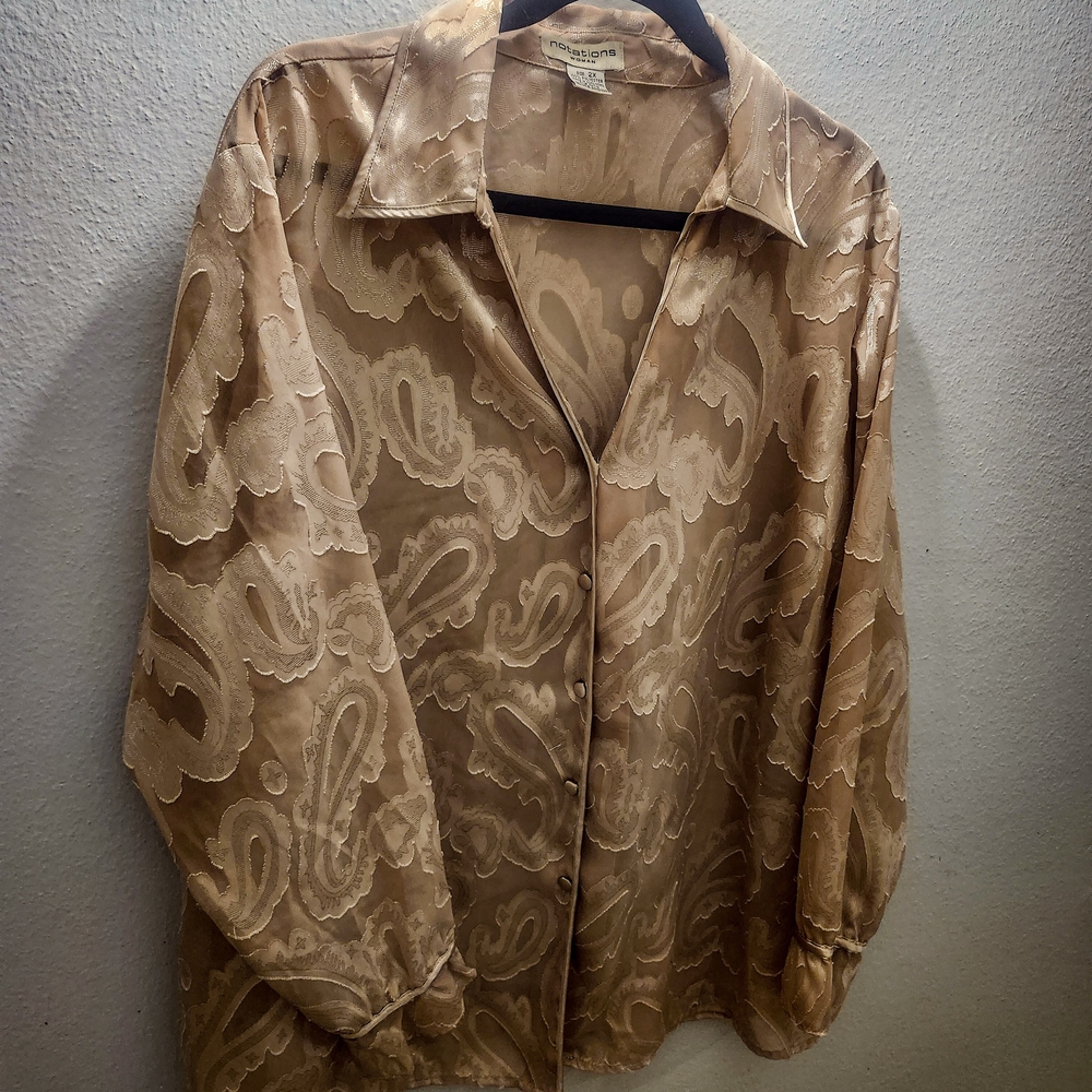 Notations Woman Paisley Blouse Womens 2X Sheer Textured Button Front Champagne